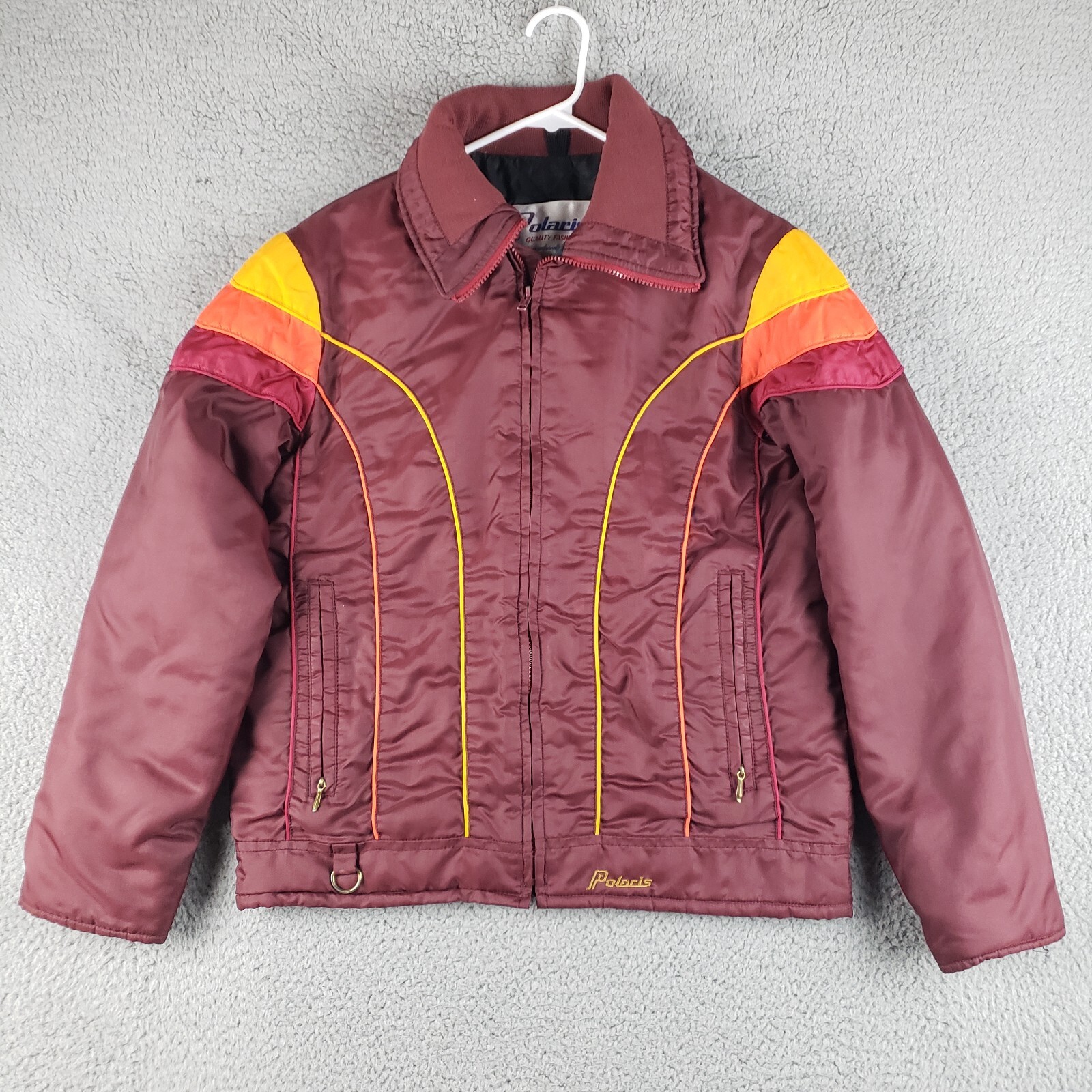 Vintage 1970s Polaris Snowmobile Jacket Mens S/M Maroon Pinstripe Ski Puffer