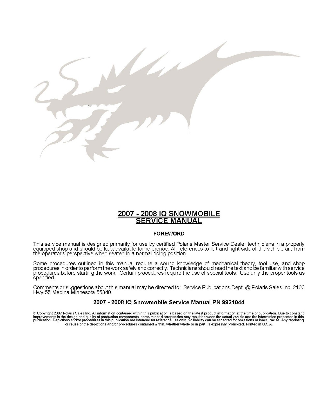 Polaris snowmobile service workshop manual IQ model 2008 700 DRAGON IQ