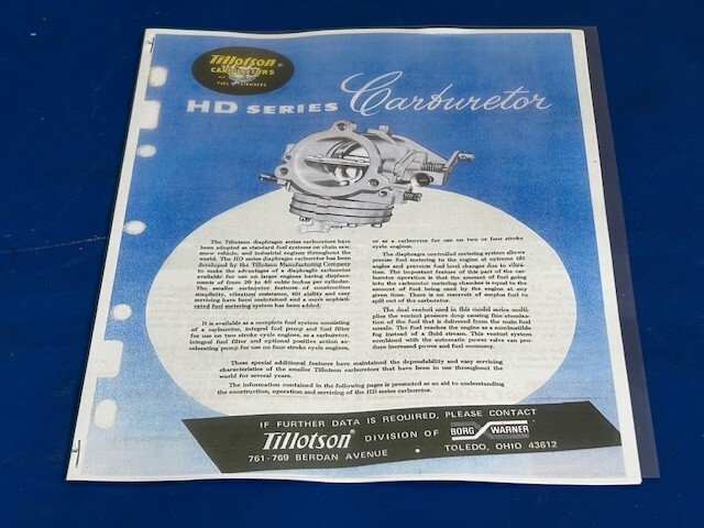 Vintage Tillotson Snowmobile HD Carburetor Carb Tuning Service Operations Manual