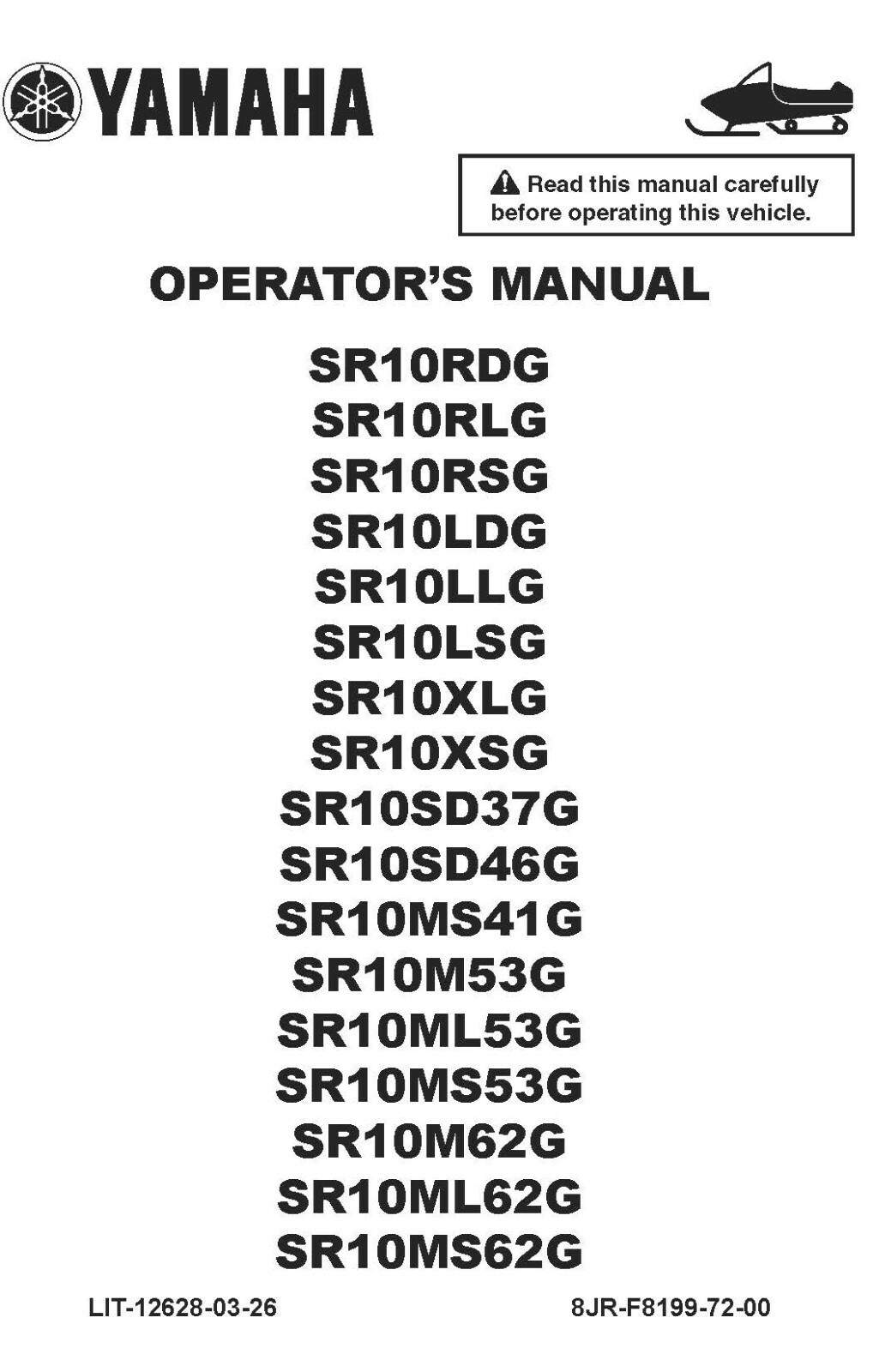 Yamaha Snowmobile Owners Manual Book 2016 SRViper, SR Viper SR10M62G & SR10ML62G