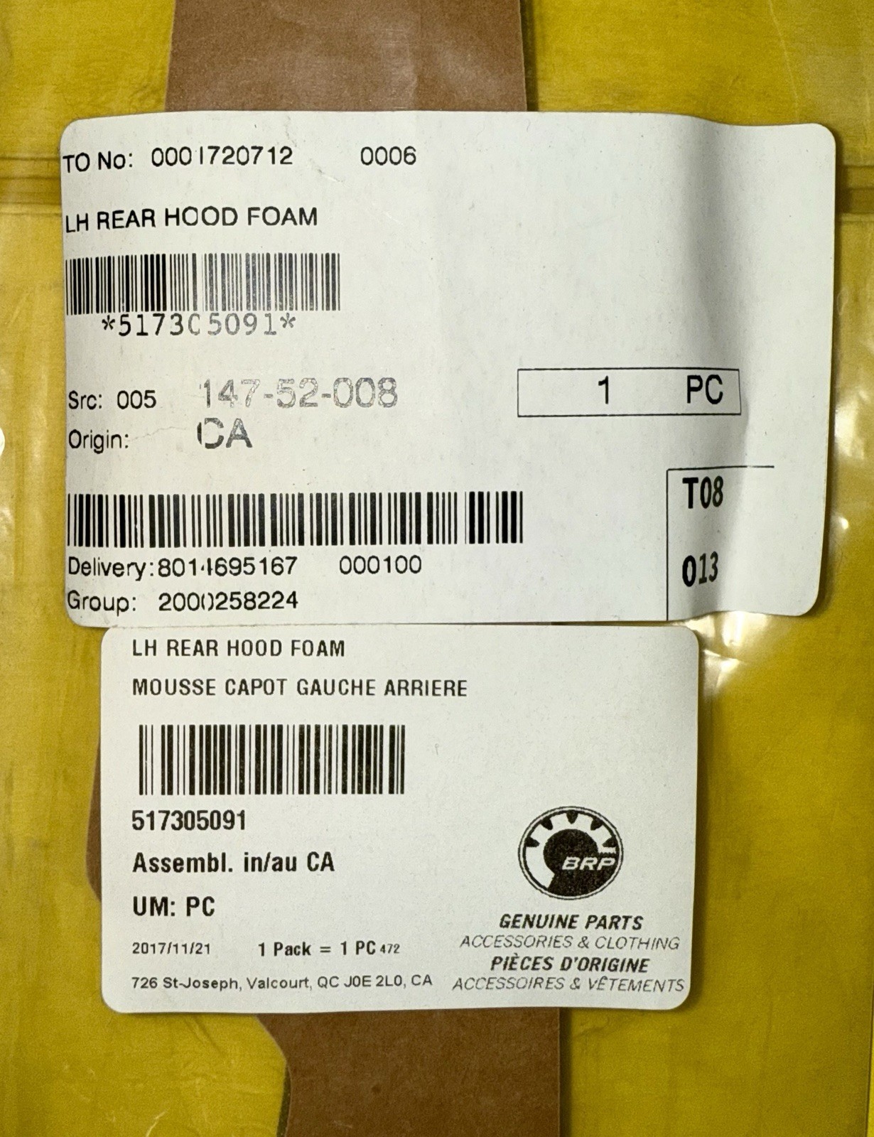 BRP OEM SkiDoo/LYNX 13-19 RENE/MXZ/SUMMIT/GSX LH Rear hood foam 517305091 new