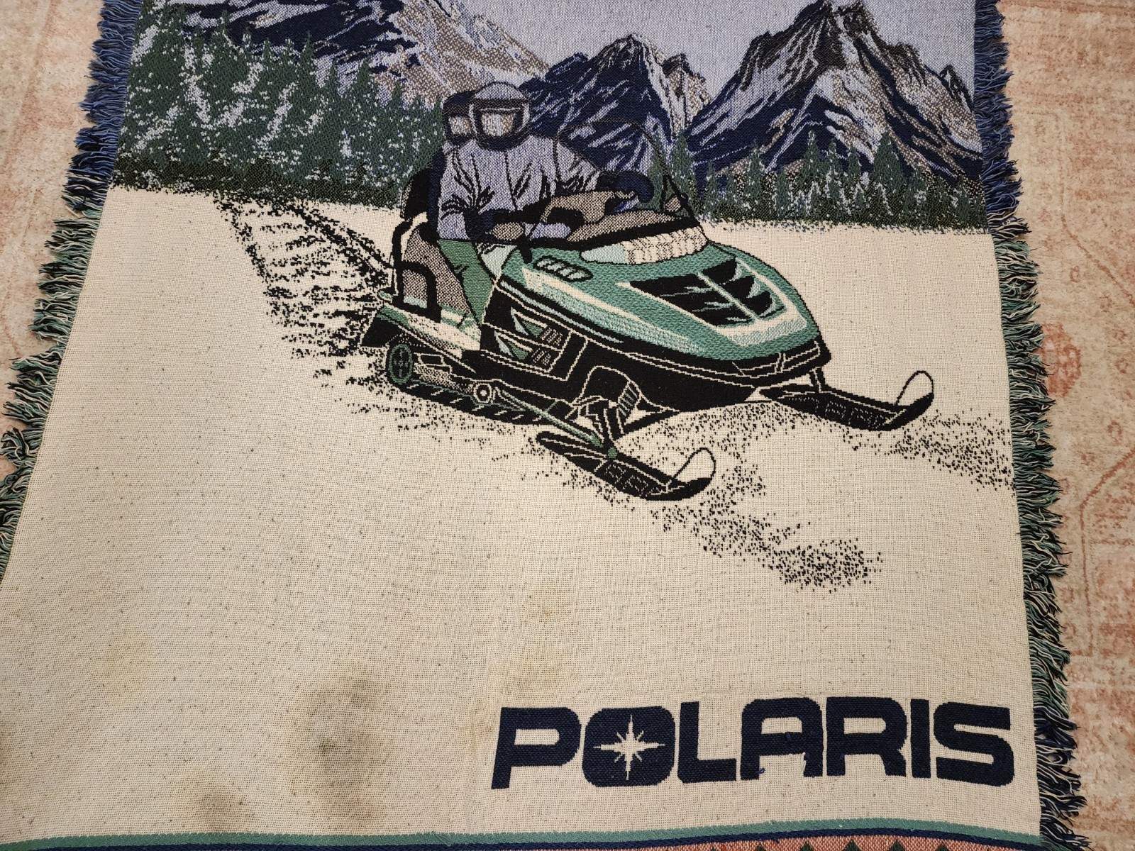 VTG POLARIS Snowmobile Ski Mountains Woven Tapestry Throw Blanket Winter 65″x46″
