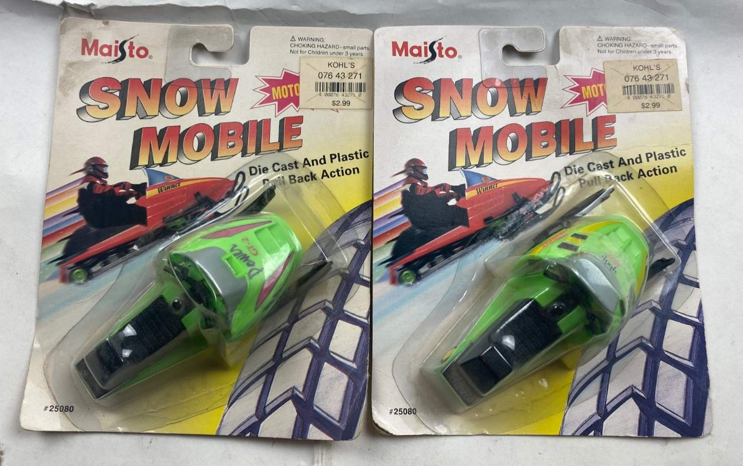 Lot of 2 Maisto 1994 Snow Mobile Motorized Green Artic Cat Vintage