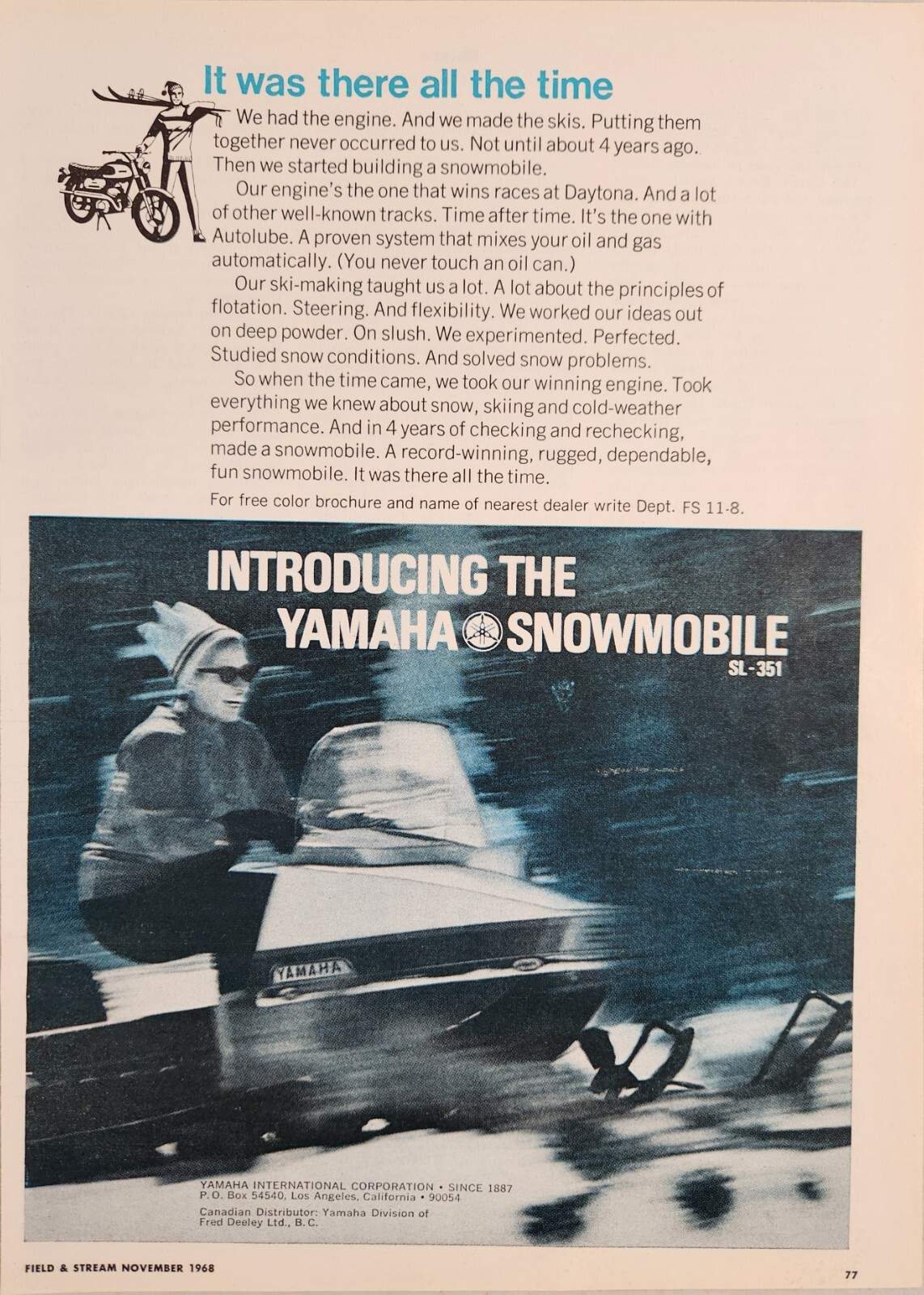 1968 Print Ad Introducing the Yamaha Snowmobile Los Angeles,California