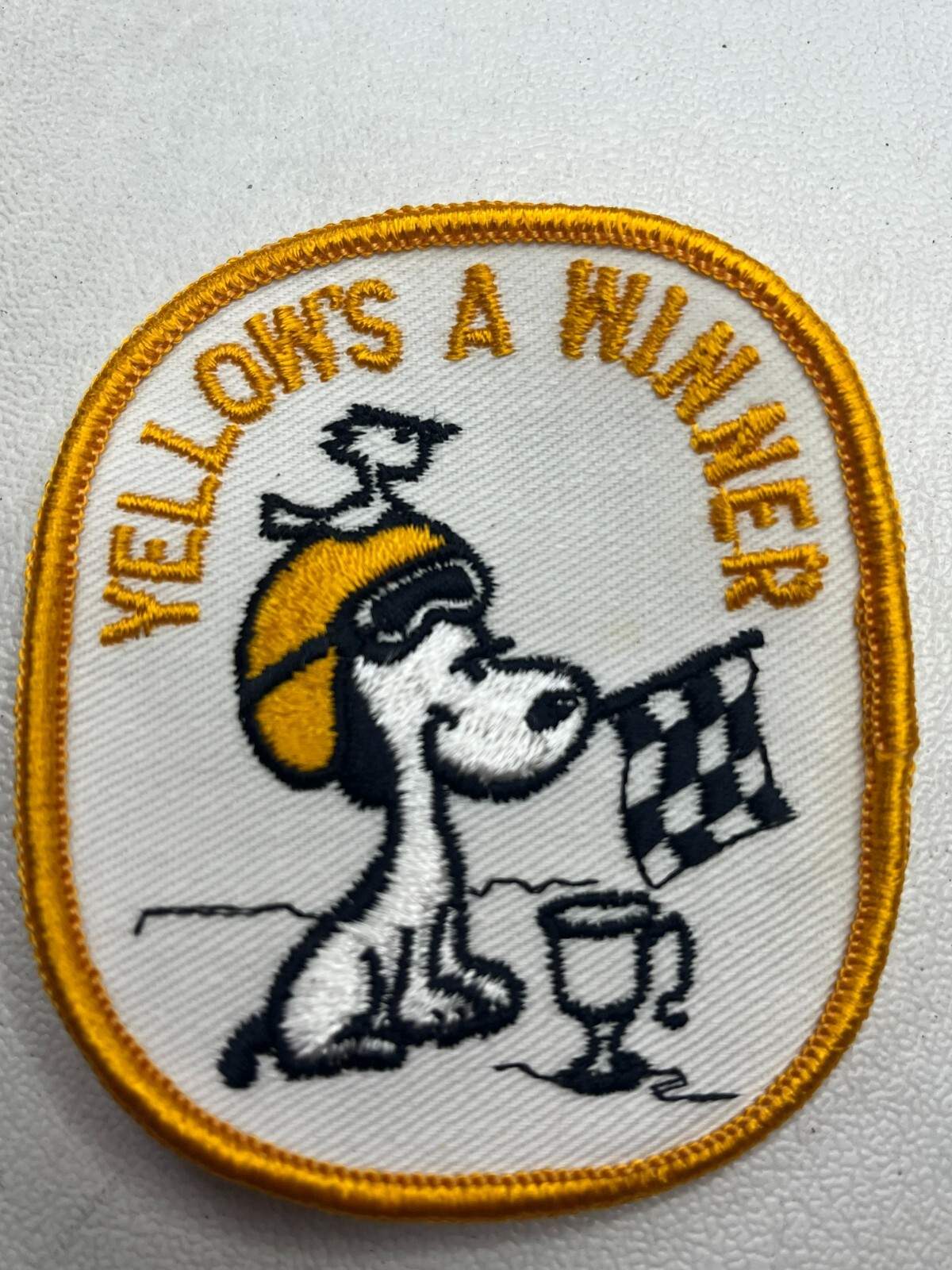 VTG c 1980s Snoopy YELLOW WINNER SNOWMOBILE RACING MOTORSPORTS Patch Sew-On M028