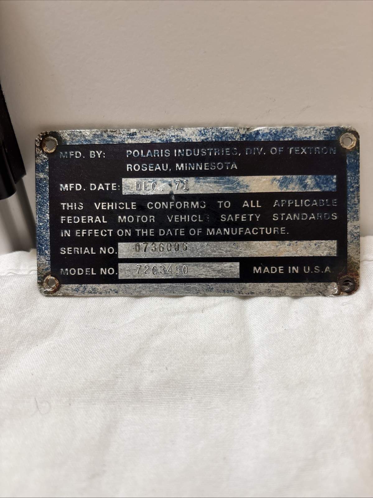 Vintage Snowmobile Polaris Model Serial No. body Tag DEC 1971 Little Fading