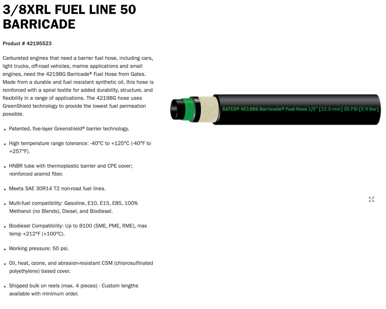 Gates Barricade Carbureted Fuel Hose 3/8 inch ID, Sold in 25 FOOT INCREMENTS