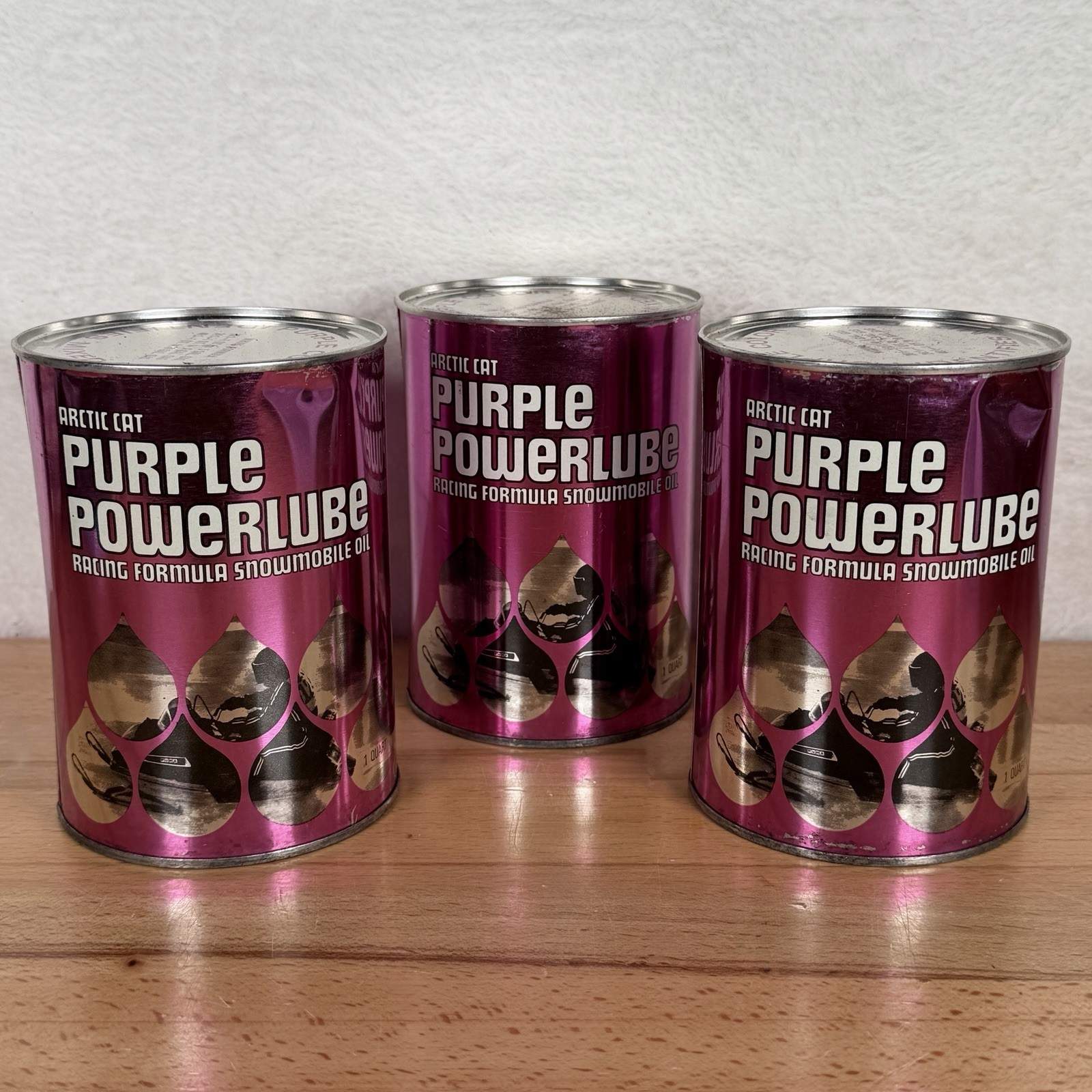 Vintage Original Arctic Cat Purple Powerlube Snowmobile Oil Can One Quart x3 NEW
