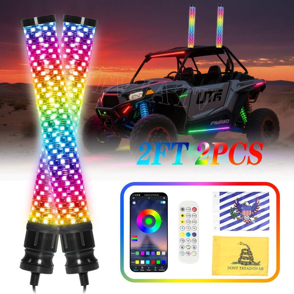 Pair 2FT Fat Whip Lights Spiral Fatty Lighted Whips for UTV ATV RZR Remote & APP