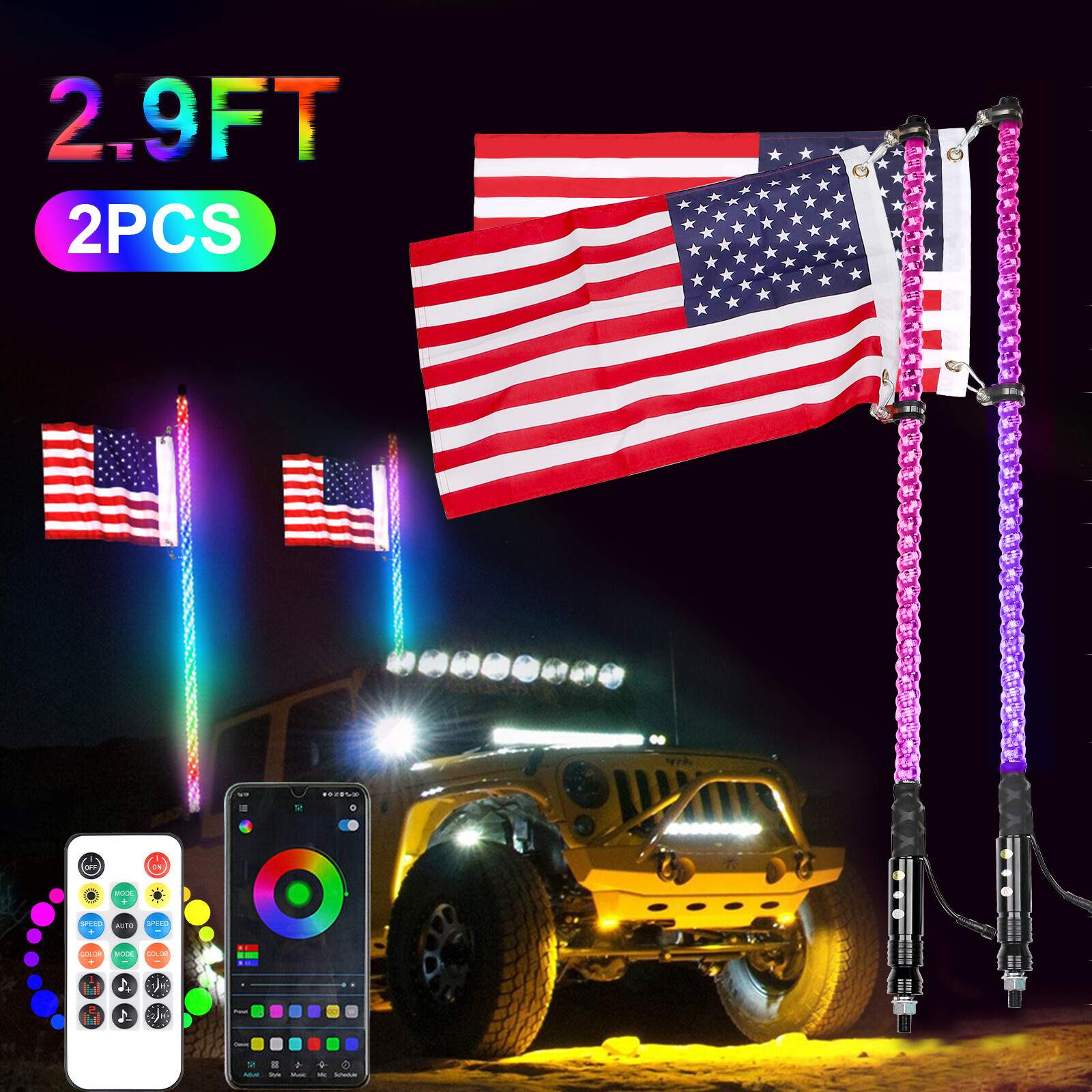NEW Pair 3ft RGB Spiral LED Whip Lights Antenna Chase + Flag&Remote for ATV UTV