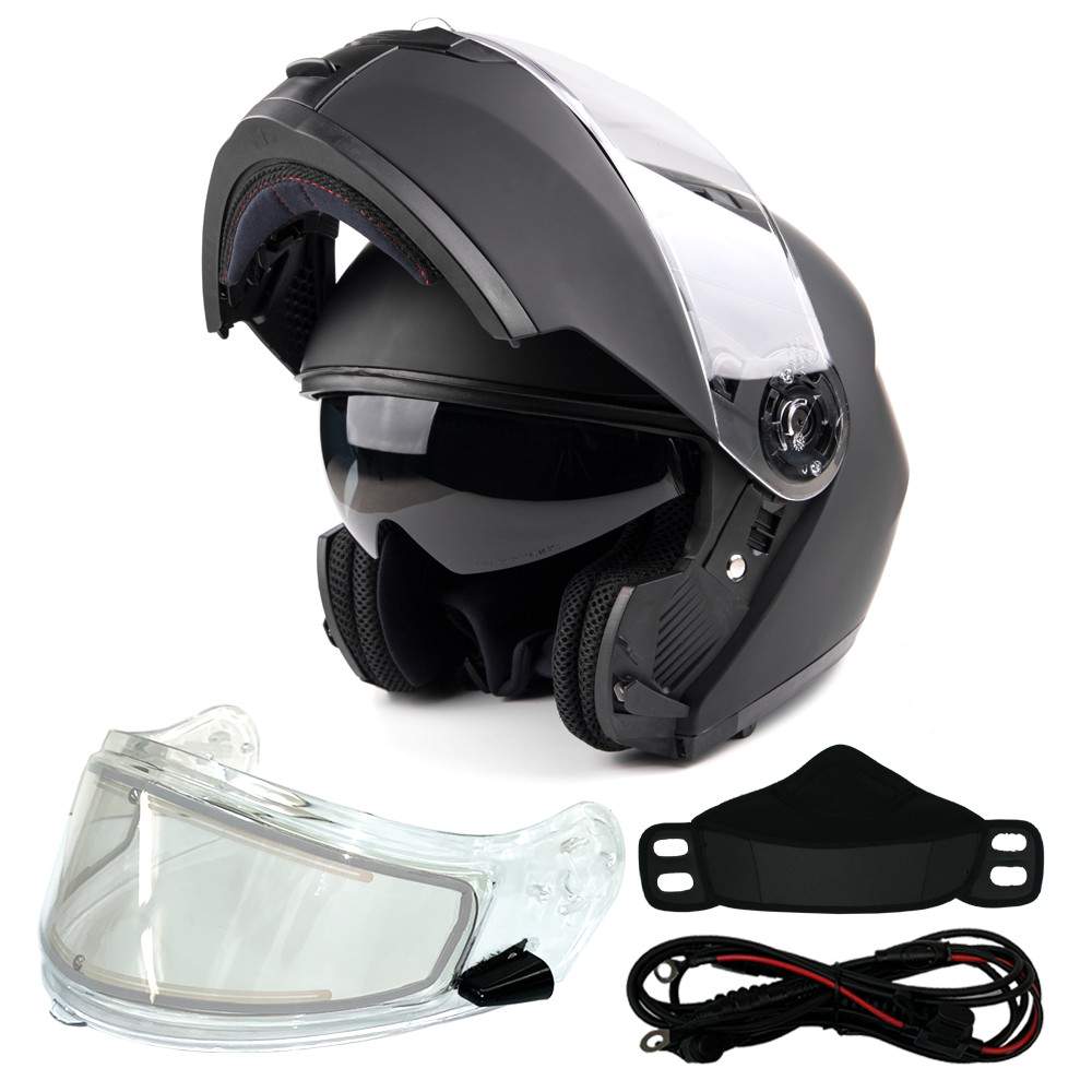 Matte Black  Adult Modular Flip Up Snowmobile Helmet w/ Dual Lens Heated Shield