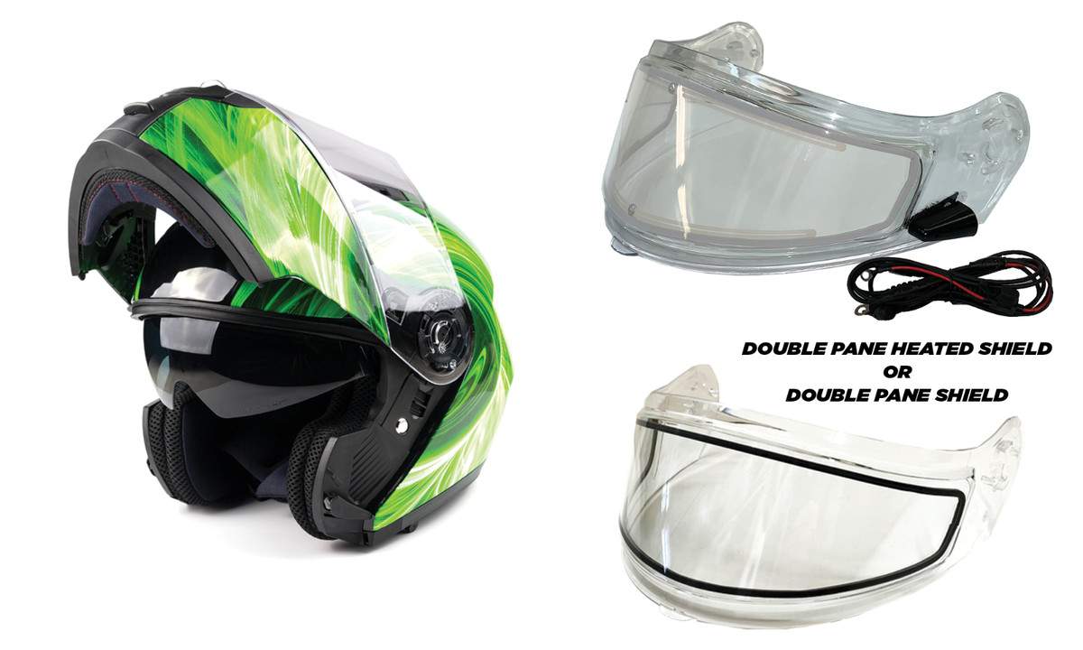 Modular Snowmobile Helmet Electric OR Dual  Shield Green Adult Sledding DOT