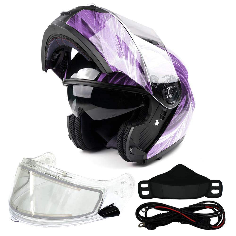 Purple Adult Modular Flip Up Snowmobile Helmet w/ Dual Lens Heated Shield DOT