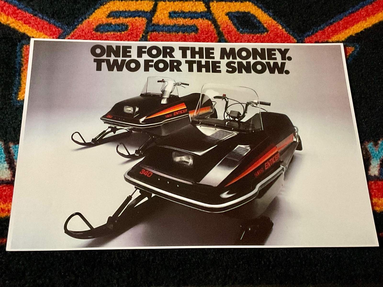 🏁 ‘80 YAMAHA ENTICER SNOWMOBILE Poster 250 340 vintage sleds 2 for the SNOW ⚫🟠