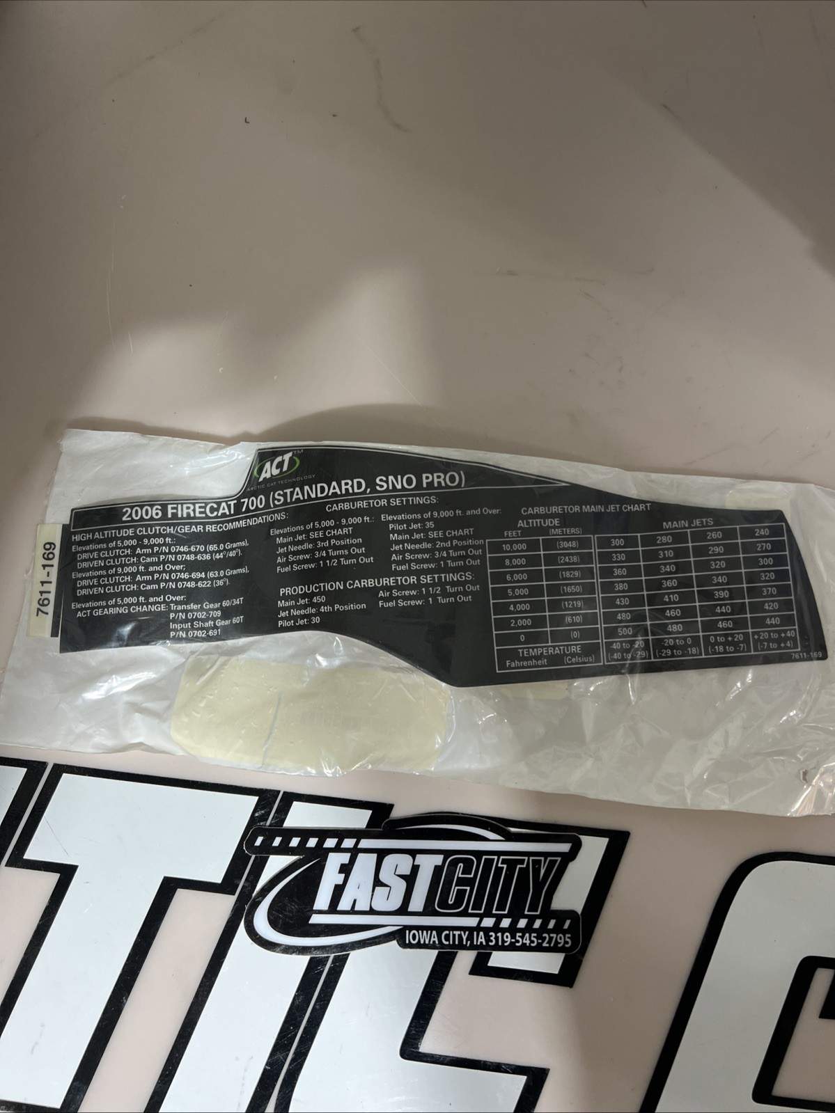 7611-169 Decal, Jet Chart 2006 F7 ARTIC CAT FIRECAT