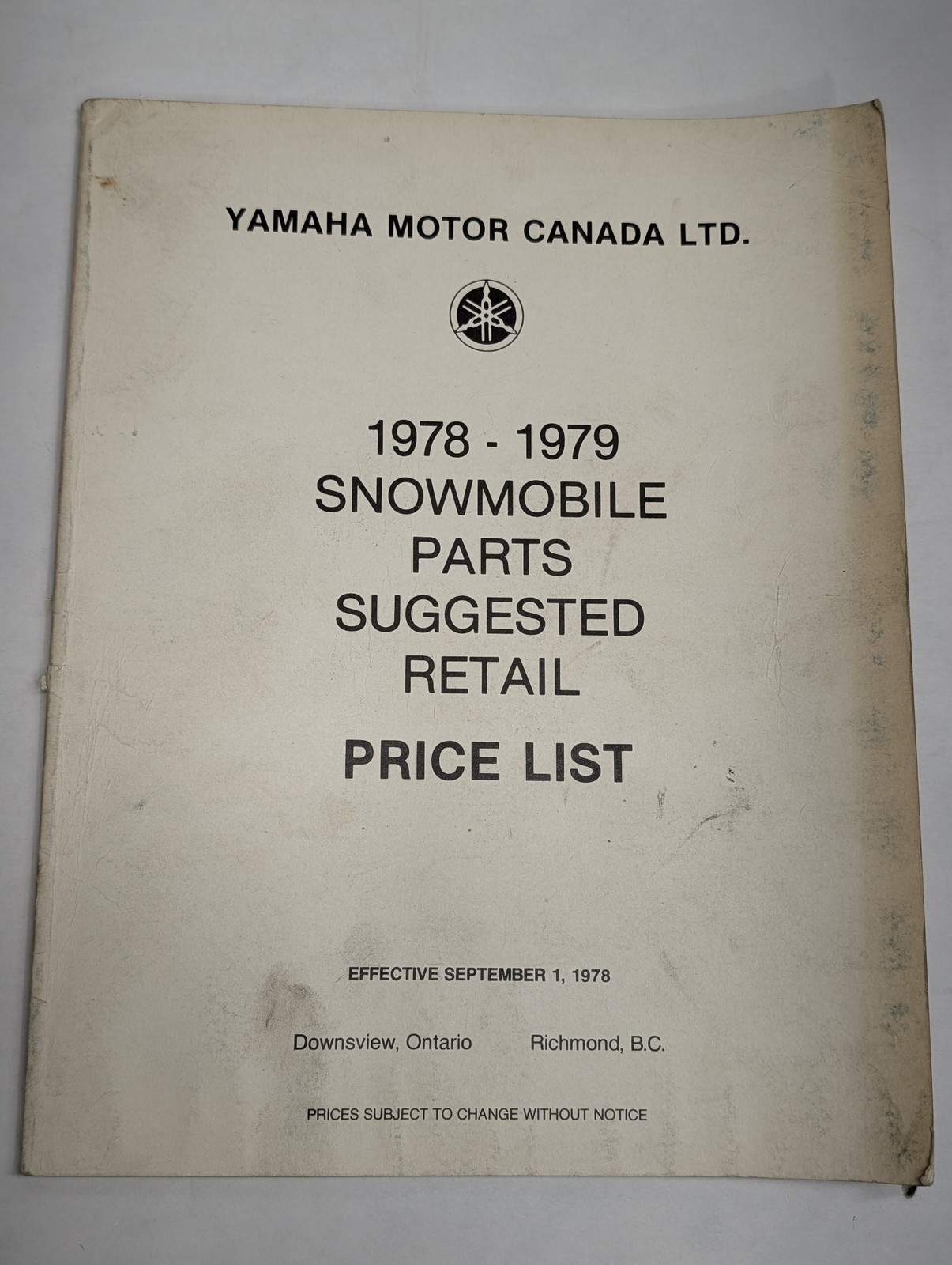 YAMAHA SNOWMOBILE PARTS SUGGESTED RETAIL PRICE LIST CATALOG 1978 1979 MODELS