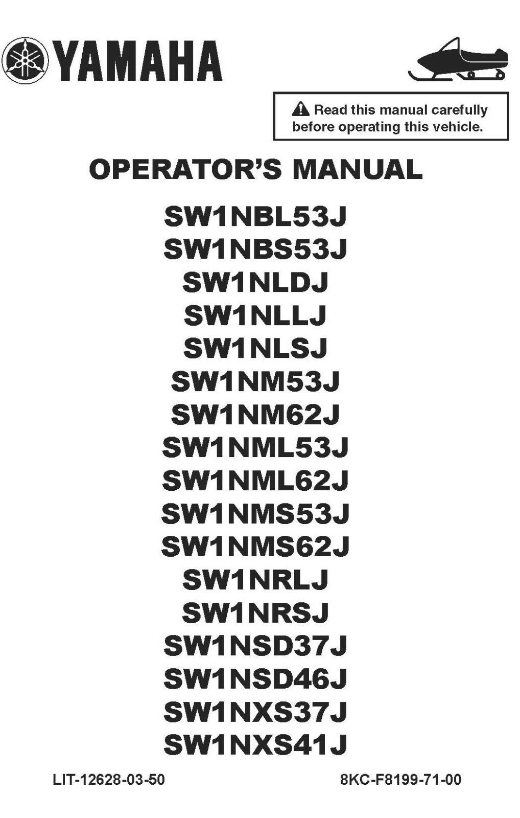 Yamaha Snowmobile Owners Manual Book 2018 Sidewinder SW1NM62J & SW1NML53J