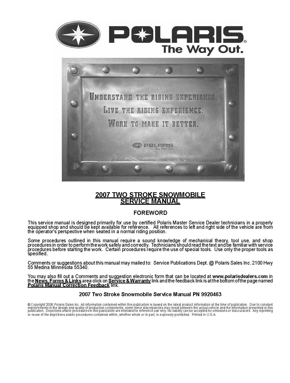 Polaris snowmobile service workshop manual 2007 TWO STROKE 600 HO SWITCHBACK