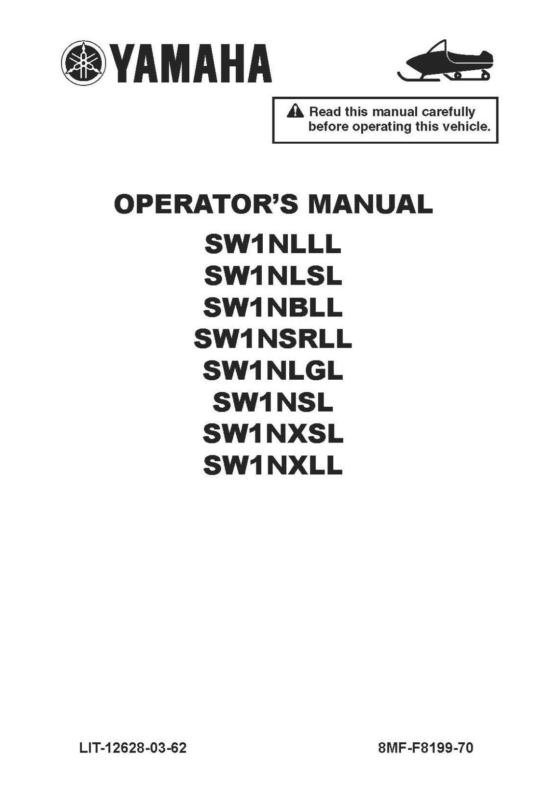 Yamaha Snowmobile Owners Manual Book 2020 Sidewinder SW1NLLL, SW1NLSL, SW1NBLL